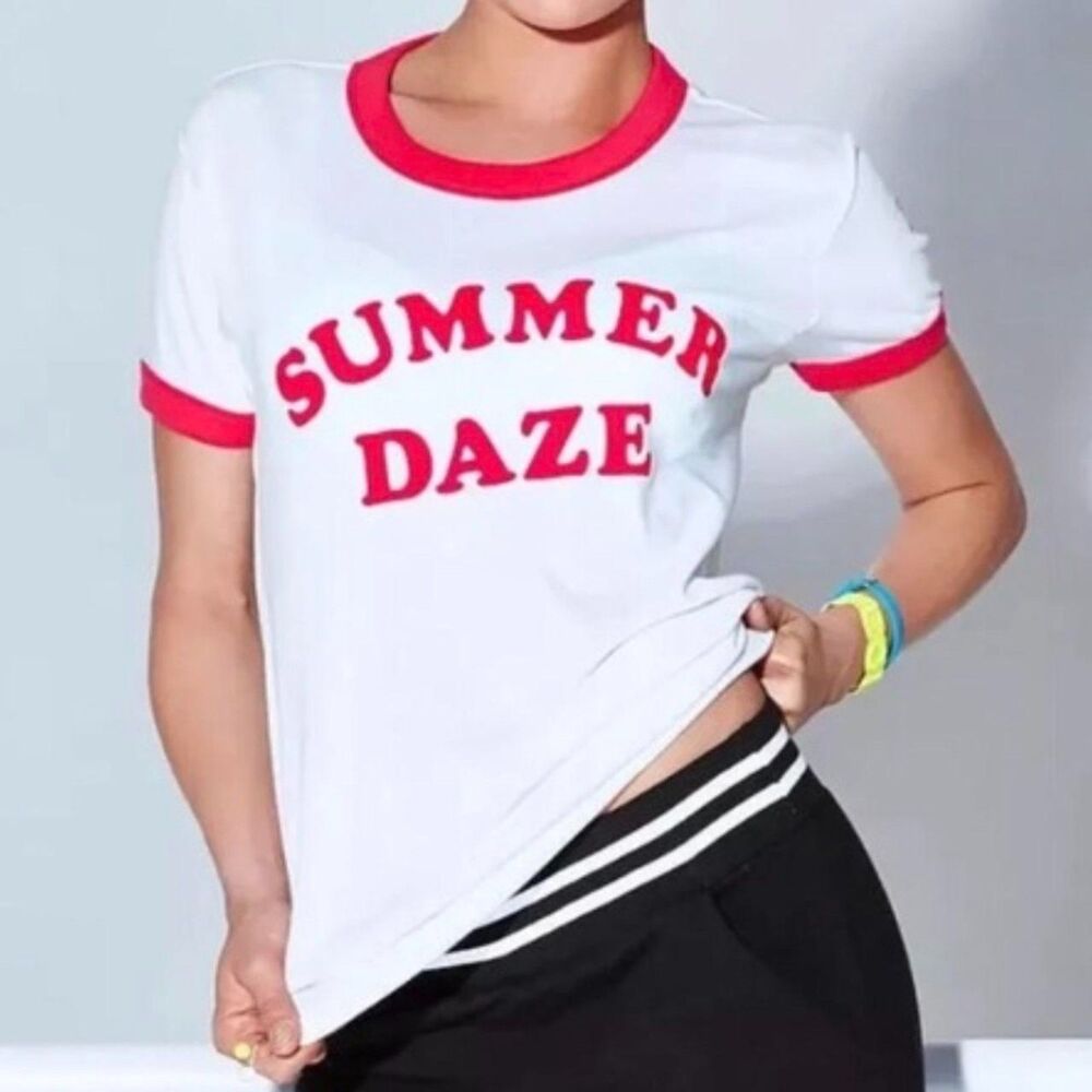 PINK Victoria's Secret "Summer Daze" Red Ringer Graphic Tee Size L - Picture 2 of 6